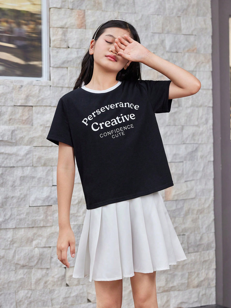 Tween Girl Casual Knitted Short Sleeve Round Neck Top And Pleated Half Skirt For Spring And Summer