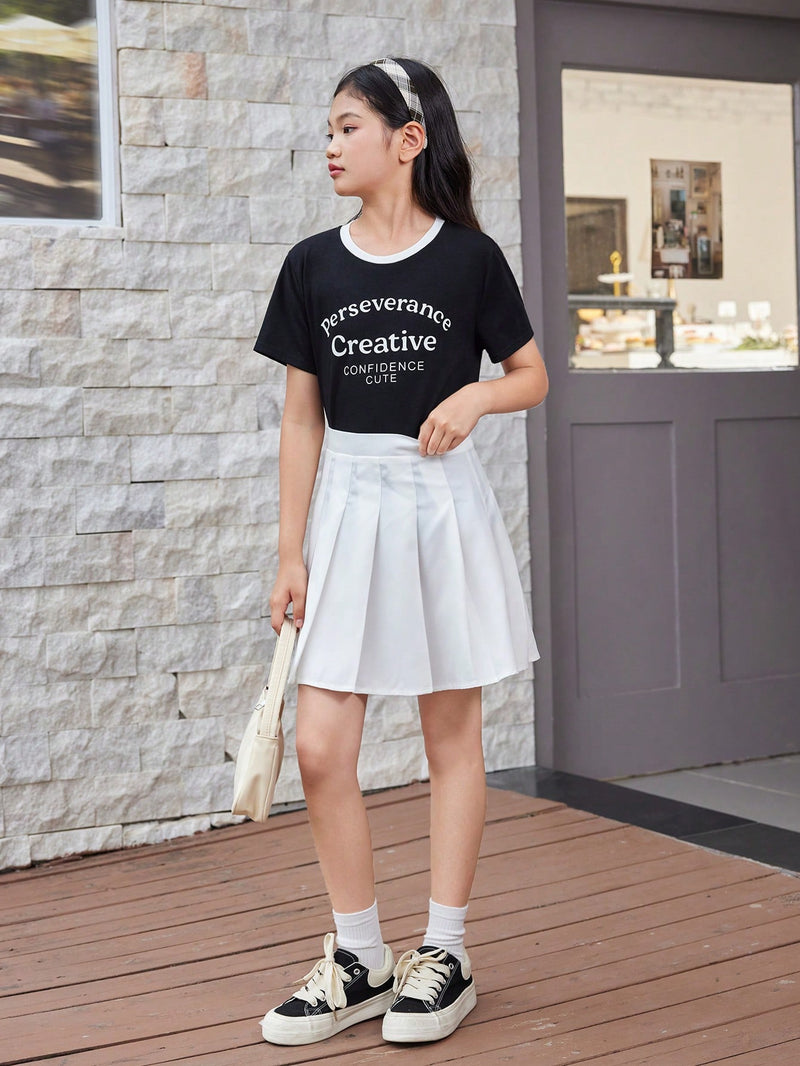 Tween Girl Casual Knitted Short Sleeve Round Neck Top And Pleated Half Skirt For Spring And Summer