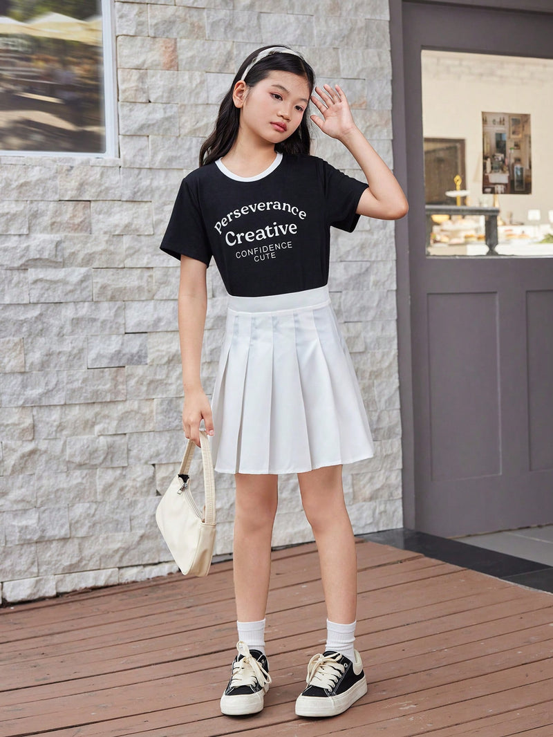 Tween Girl Casual Knitted Short Sleeve Round Neck Top And Pleated Half Skirt For Spring And Summer