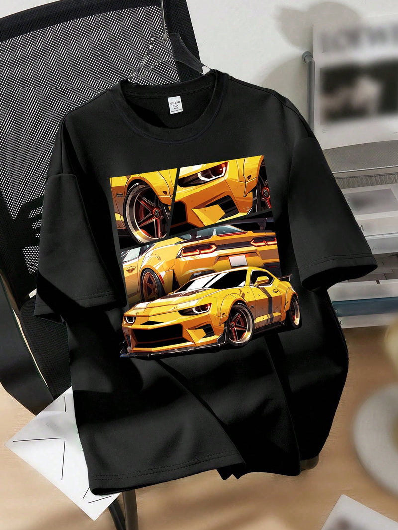 Yellow Sports Car, Tween Boy Casual Simple Cartoon Car Pattern Short Sleeve Round Neck T-Shirt, Suitable For Summer