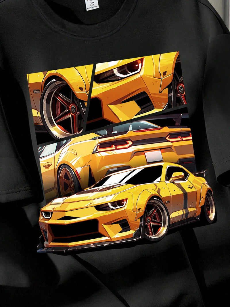 Yellow Sports Car, Tween Boy Casual Simple Cartoon Car Pattern Short Sleeve Round Neck T-Shirt, Suitable For Summer