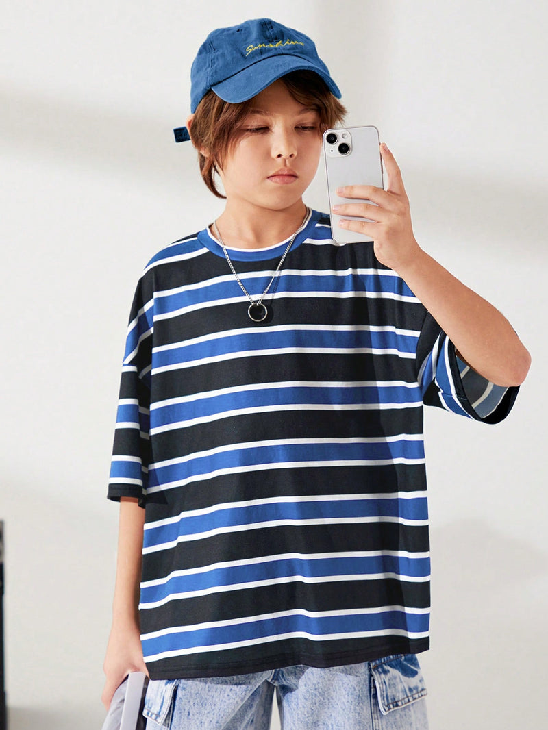 Tween Boy Cute Striped Print Round Neck Pullover Short Sleeve Loose Knit T-Shirt