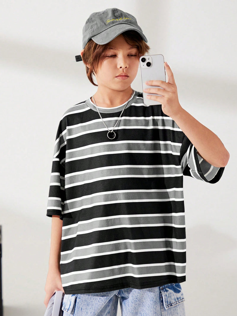 Tween Boy Cute Striped Print Round Neck Pullover Short Sleeve Loose Knit T-Shirt