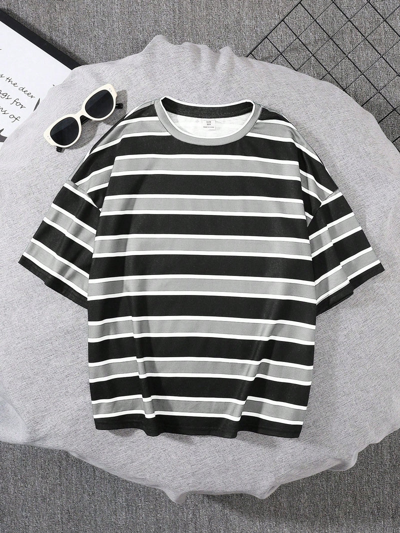 Tween Boy Cute Striped Print Round Neck Pullover Short Sleeve Loose Knit T-Shirt