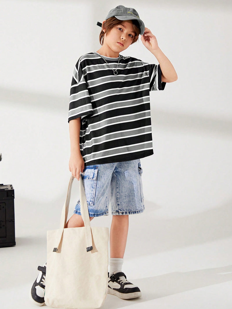 Tween Boy Cute Striped Print Round Neck Pullover Short Sleeve Loose Knit T-Shirt