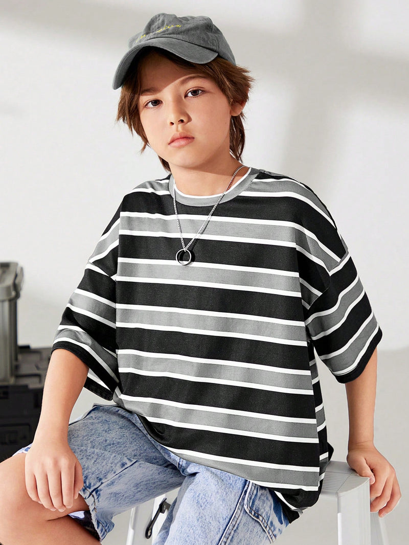 Tween Boy Cute Striped Print Round Neck Pullover Short Sleeve Loose Knit T-Shirt