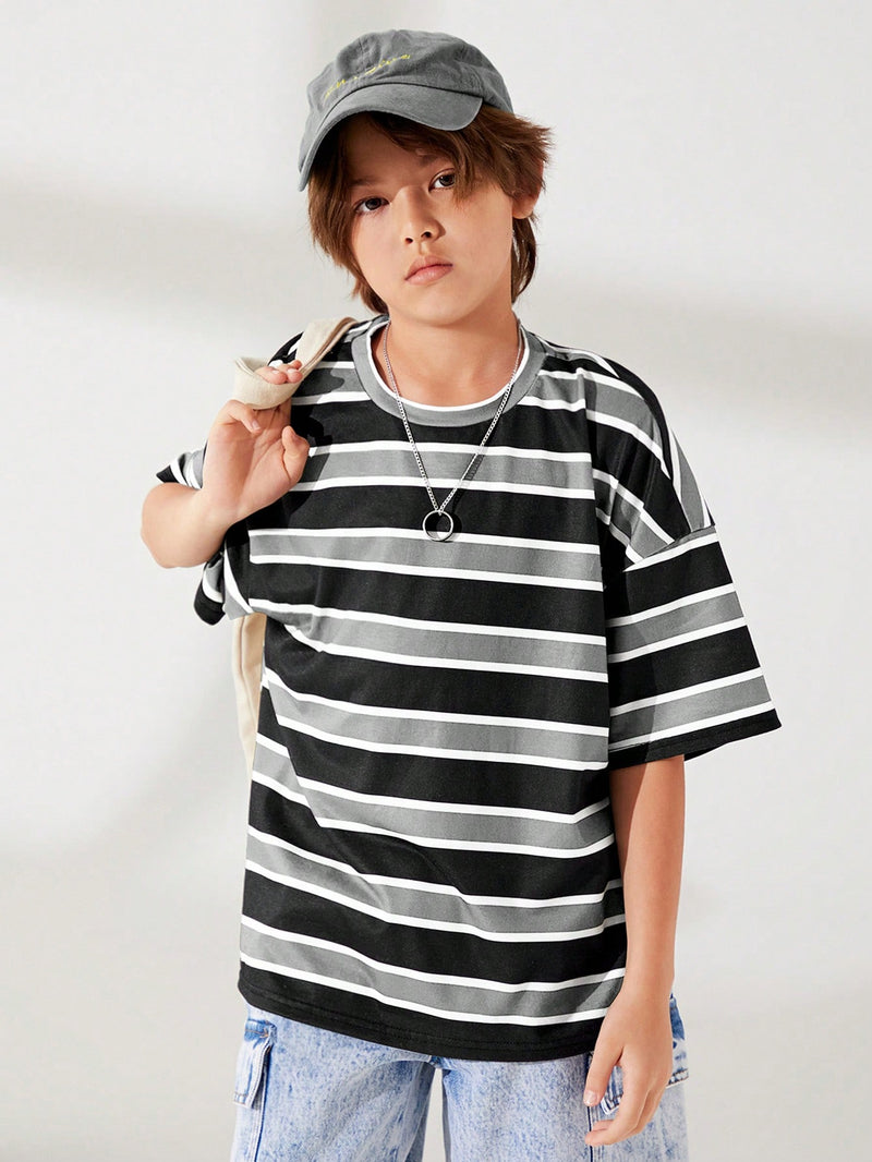 Tween Boy Cute Striped Print Round Neck Pullover Short Sleeve Loose Knit T-Shirt