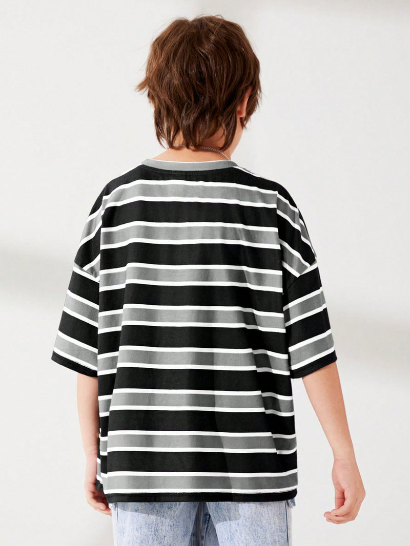 Tween Boy Cute Striped Print Round Neck Pullover Short Sleeve Loose Knit T-Shirt