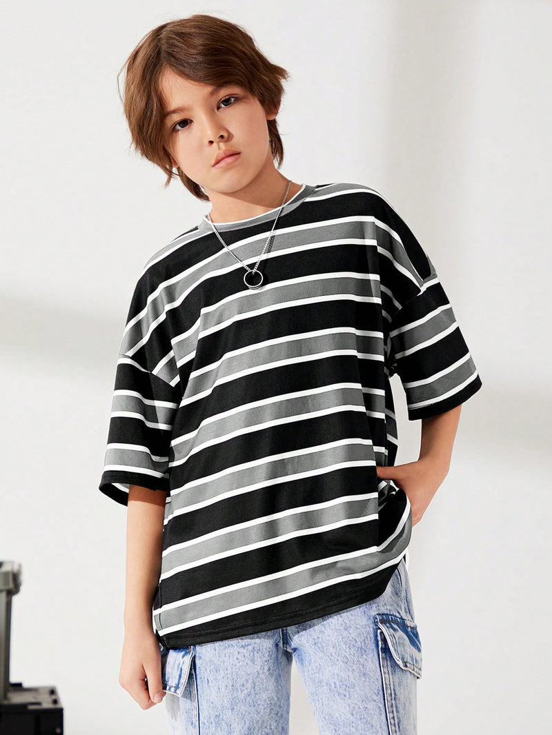 Tween Boy Cute Striped Print Round Neck Pullover Short Sleeve Loose Knit T-Shirt