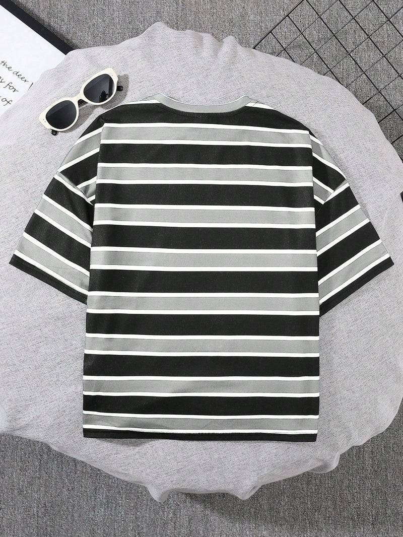 Tween Boy Cute Striped Print Round Neck Pullover Short Sleeve Loose Knit T-Shirt