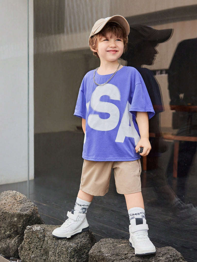 Young Boy 2pcs Letter Printed Round Neck Short Sleeve T-Shirt And Shorts Set Comfortable And Versatile, Suitable For Summer