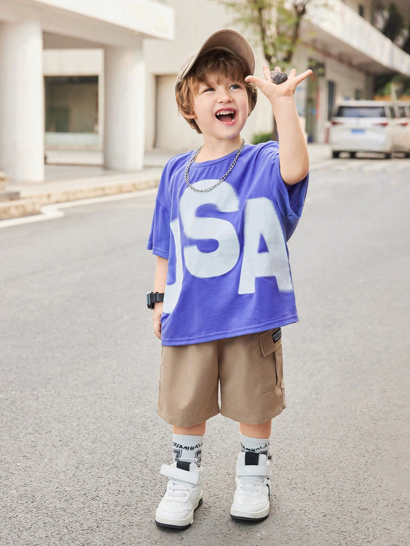 Young Boy 2pcs Letter Printed Round Neck Short Sleeve T-Shirt And Shorts Set Comfortable And Versatile, Suitable For Summer