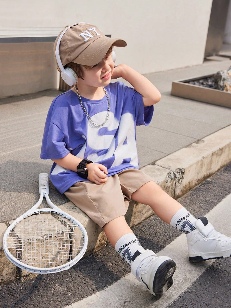 Young Boy 2pcs Letter Printed Round Neck Short Sleeve T-Shirt And Shorts Set Comfortable And Versatile, Suitable For Summer