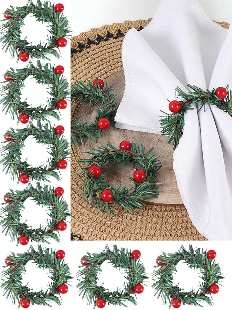 3/6/12/24Pcs Christmas Napkin Rings Christmas Napkin Holder Holly Berry Candle Wreath For Banquet Table Decorations,Christmas