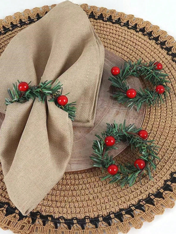 3/6/12/24Pcs Christmas Napkin Rings Christmas Napkin Holder Holly Berry Candle Wreath For Banquet Table Decorations,Christmas