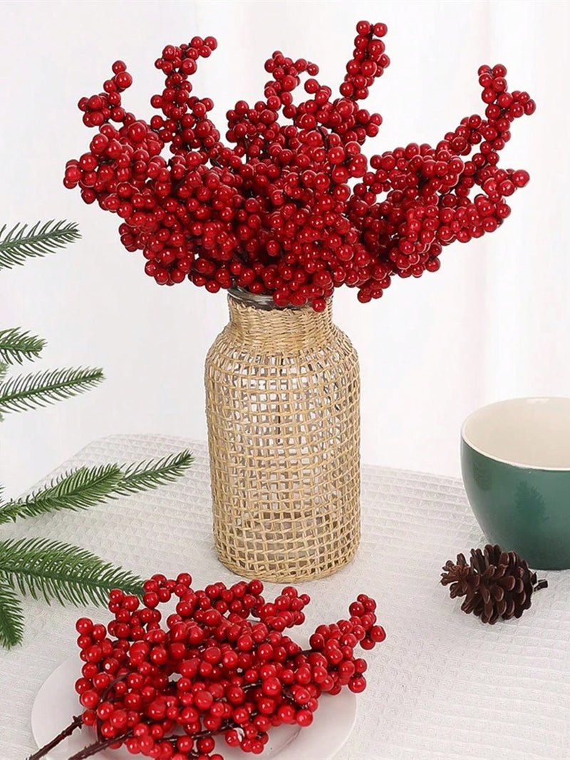 6/12Pcs Red Berries Branches Artificial Foam Holly Berry Flower Fruit Bouquet Stamen Plant DIY Wreath Christmas Party Home Decor,Christmas