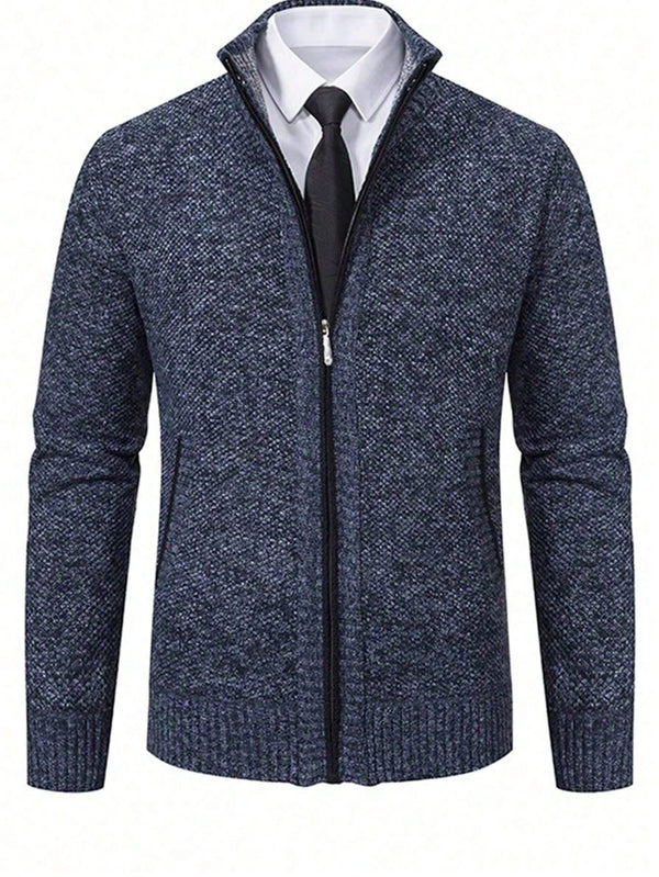 Men's Full Zip Up Knitted Cardigan Jacket, Classic Soft Thick Fleece Lined Sweater With Pockets