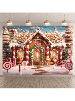 1pc Merry Christmas Gingerbread House With Snow Tree Background Fabric - Multifunctional Polyester Party Decoration, Indoor And Outdoor Photography Background Banner,Christmas