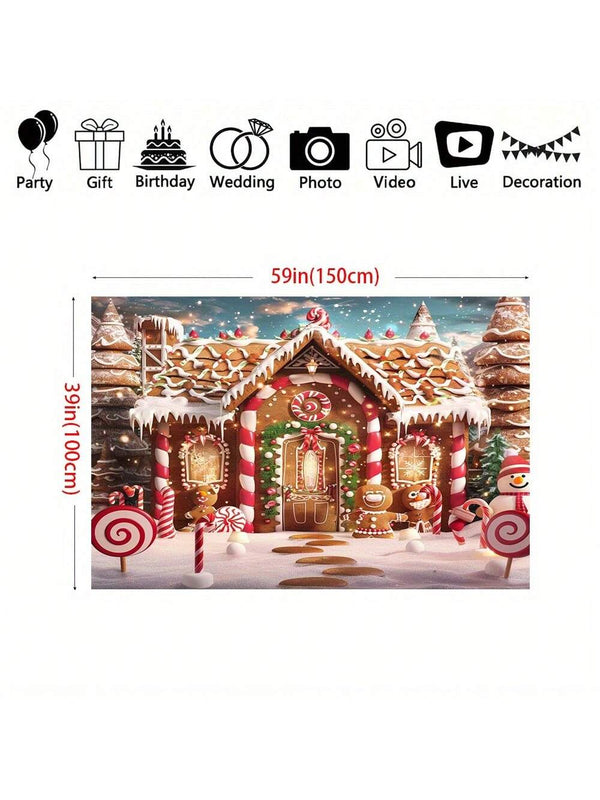 1pc Merry Christmas Gingerbread House With Snow Tree Background Fabric - Multifunctional Polyester Party Decoration, Indoor And Outdoor Photography Background Banner,Christmas