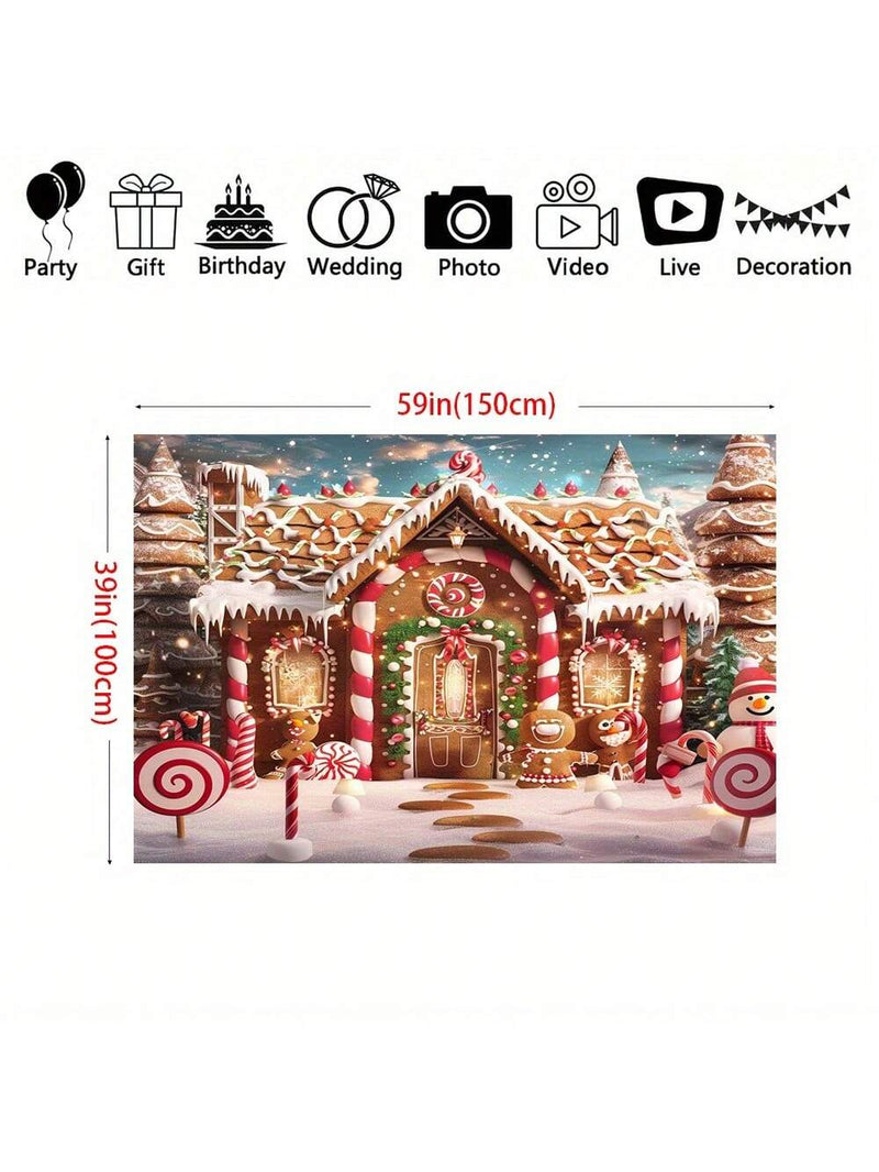 1pc Merry Christmas Gingerbread House With Snow Tree Background Fabric - Multifunctional Polyester Party Decoration, Indoor And Outdoor Photography Background Banner,Christmas