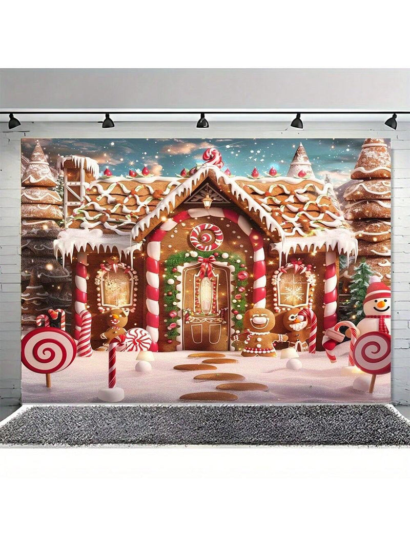 1pc Merry Christmas Gingerbread House With Snow Tree Background Fabric - Multifunctional Polyester Party Decoration, Indoor And Outdoor Photography Background Banner,Christmas