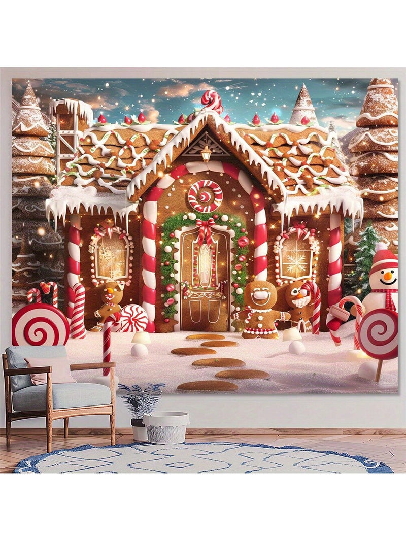 1pc Merry Christmas Gingerbread House With Snow Tree Background Fabric - Multifunctional Polyester Party Decoration, Indoor And Outdoor Photography Background Banner,Christmas