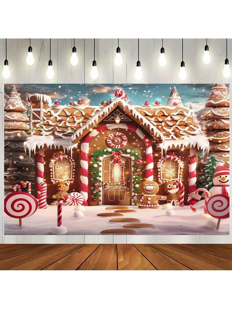 1pc Merry Christmas Gingerbread House With Snow Tree Background Fabric - Multifunctional Polyester Party Decoration, Indoor And Outdoor Photography Background Banner,Christmas