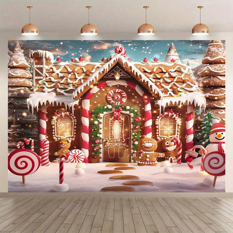 1pc Merry Christmas Gingerbread House With Snow Tree Background Fabric - Multifunctional Polyester Party Decoration, Indoor And Outdoor Photography Background Banner,Christmas