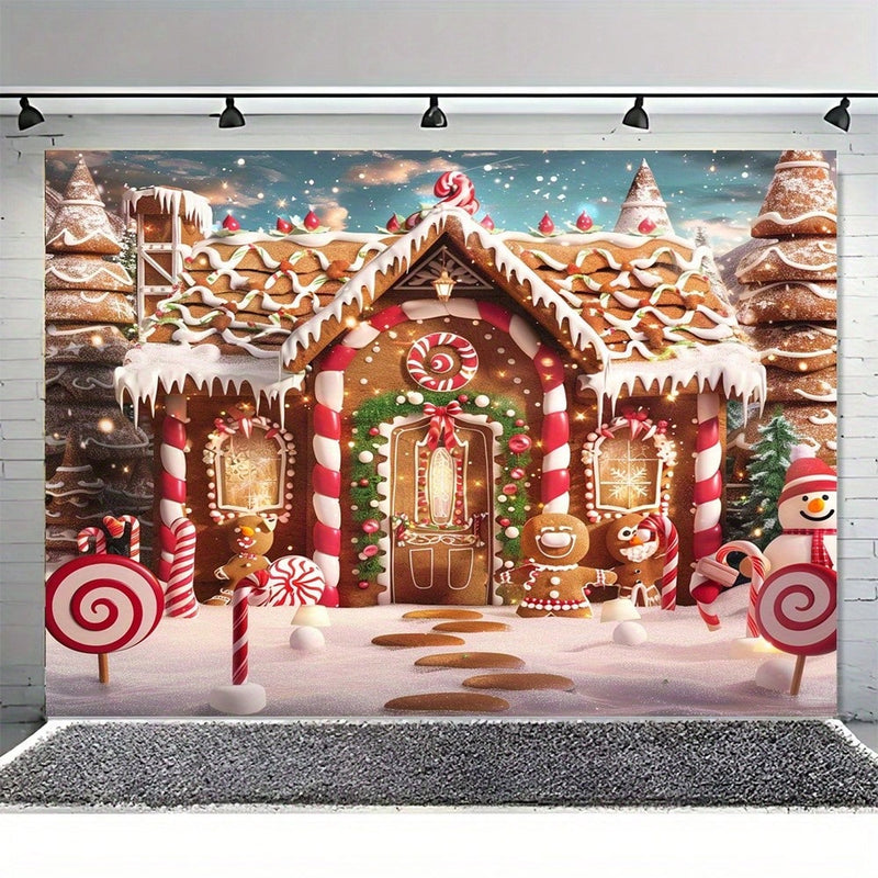 1pc Merry Christmas Gingerbread House With Snow Tree Background Fabric - Multifunctional Polyester Party Decoration, Indoor And Outdoor Photography Background Banner,Christmas