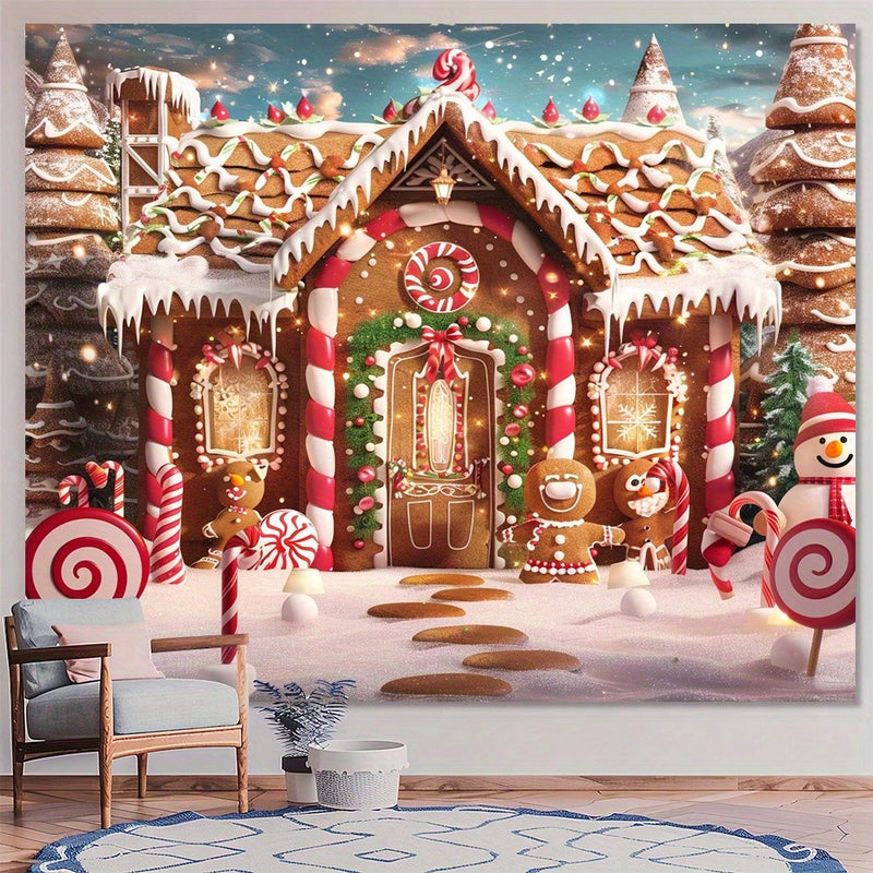 1pc Merry Christmas Gingerbread House With Snow Tree Background Fabric - Multifunctional Polyester Party Decoration, Indoor And Outdoor Photography Background Banner,Christmas