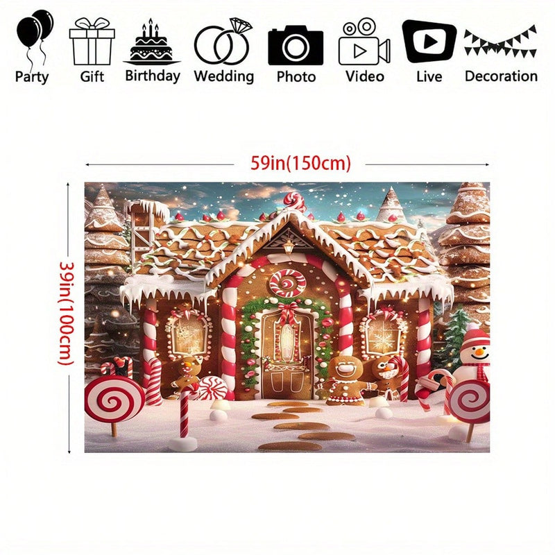 1pc Merry Christmas Gingerbread House With Snow Tree Background Fabric - Multifunctional Polyester Party Decoration, Indoor And Outdoor Photography Background Banner,Christmas