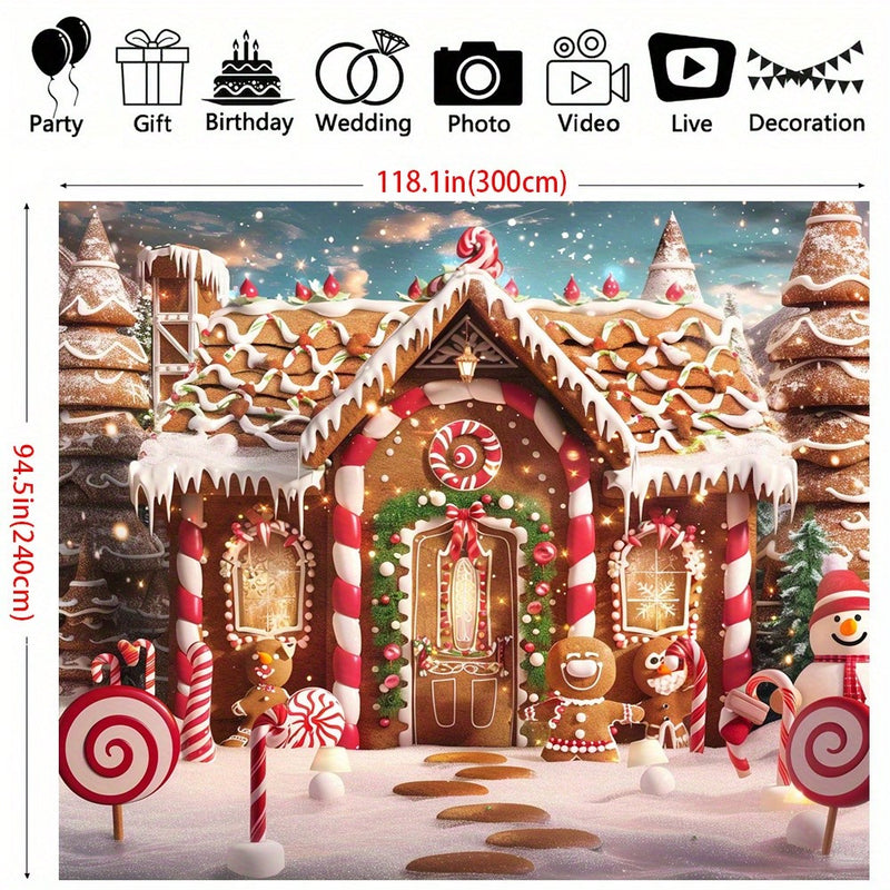 1pc Merry Christmas Gingerbread House With Snow Tree Background Fabric - Multifunctional Polyester Party Decoration, Indoor And Outdoor Photography Background Banner,Christmas