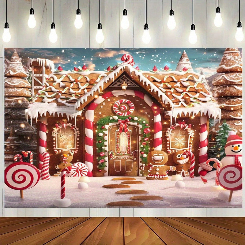 1pc Merry Christmas Gingerbread House With Snow Tree Background Fabric - Multifunctional Polyester Party Decoration, Indoor And Outdoor Photography Background Banner,Christmas