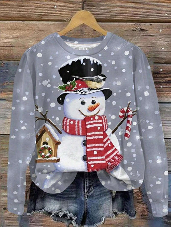 Women's Casual Snowman Printed Sweatshirt, Fashionable Design For Fall & Winter