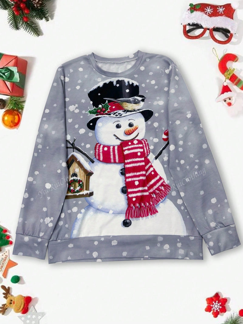 Women's Casual Snowman Printed Sweatshirt, Fashionable Design For Fall & Winter