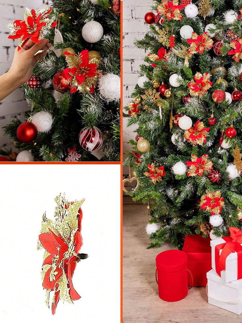 5pcs/Pack Christmas Glitter Artificial Flowers, Christmas Tree Hanging Ornaments Fake Flower, Merry Christmas Decorations For Home 2024 Xmas Christmas Gifts New Year 2025, Christmas