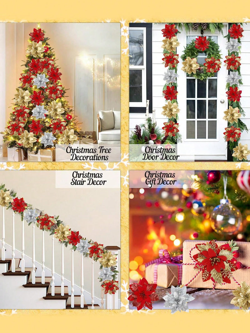 5pcs/Pack Christmas Glitter Artificial Flowers, Christmas Tree Hanging Ornaments Fake Flower, Merry Christmas Decorations For Home 2024 Xmas Christmas Gifts New Year 2025, Christmas