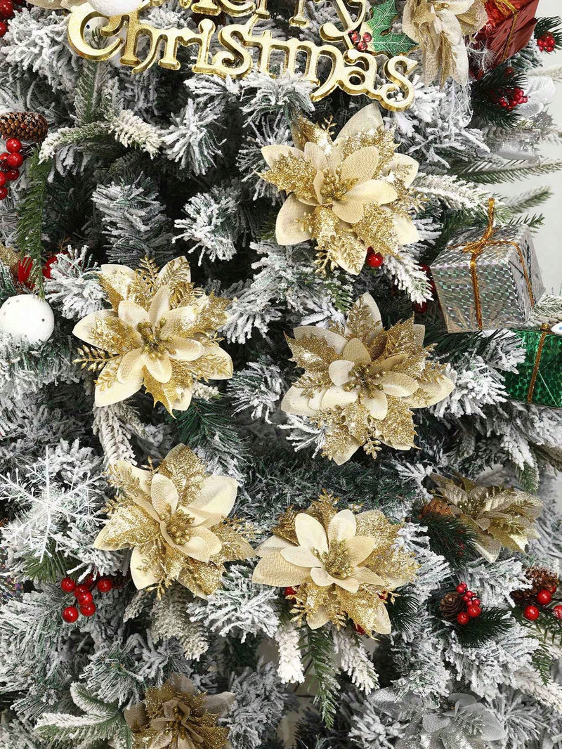 5pcs/Pack Christmas Glitter Artificial Flowers, Christmas Tree Hanging Ornaments Fake Flower, Merry Christmas Decorations For Home 2024 Xmas Christmas Gifts New Year 2025, Christmas