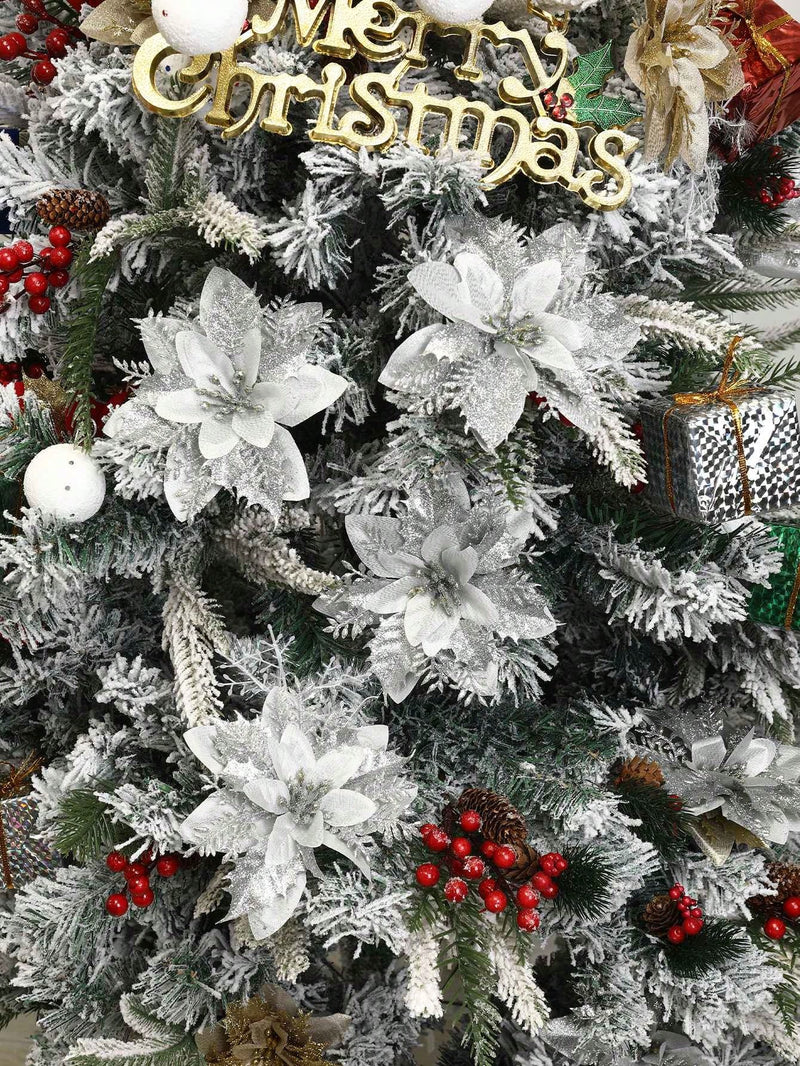 5pcs/Pack Christmas Glitter Artificial Flowers, Christmas Tree Hanging Ornaments Fake Flower, Merry Christmas Decorations For Home 2024 Xmas Christmas Gifts New Year 2025, Christmas