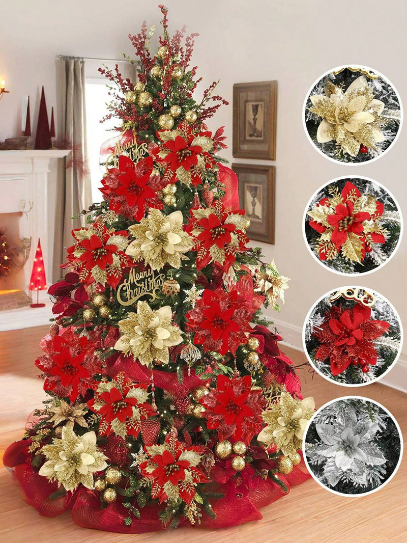 5pcs/Pack Christmas Glitter Artificial Flowers, Christmas Tree Hanging Ornaments Fake Flower, Merry Christmas Decorations For Home 2024 Xmas Christmas Gifts New Year 2025, Christmas