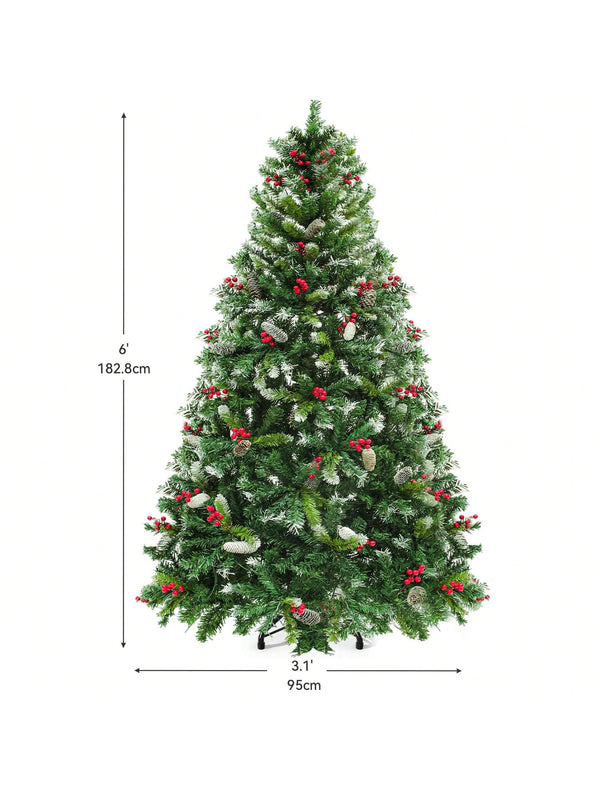 6FT Pre-Lit Frosted Pine Artificial Christmas Tree With Pine Cones& Red Berries ,Hinged Holiday Decoration Christmas Tree With 818 Branch Tips And 250 LED Lights, For Home, Office, And Party Decor