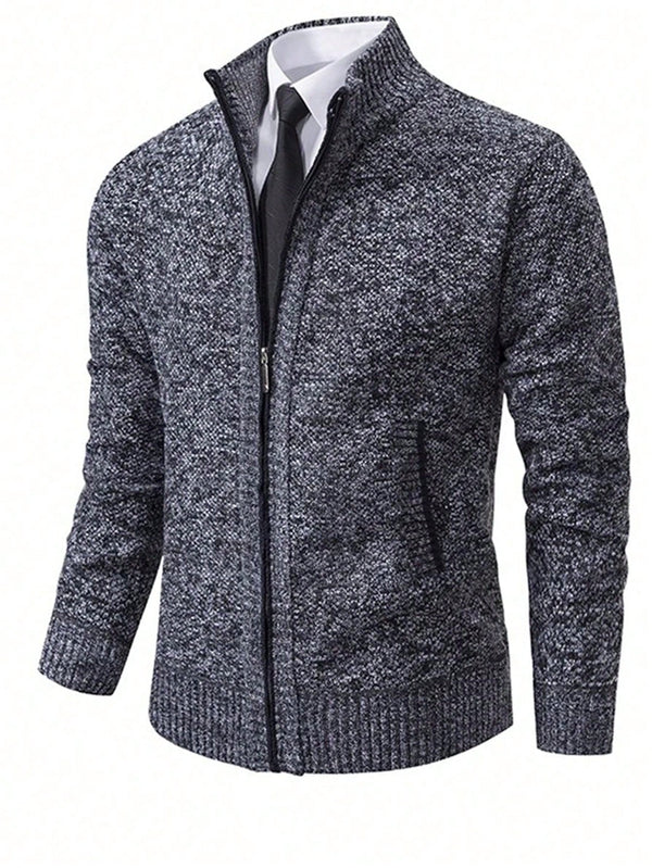 Men's Full Zip Up Knitted Cardigan Jacket, Classic Soft Thick Fleece Lined Sweater With Pockets