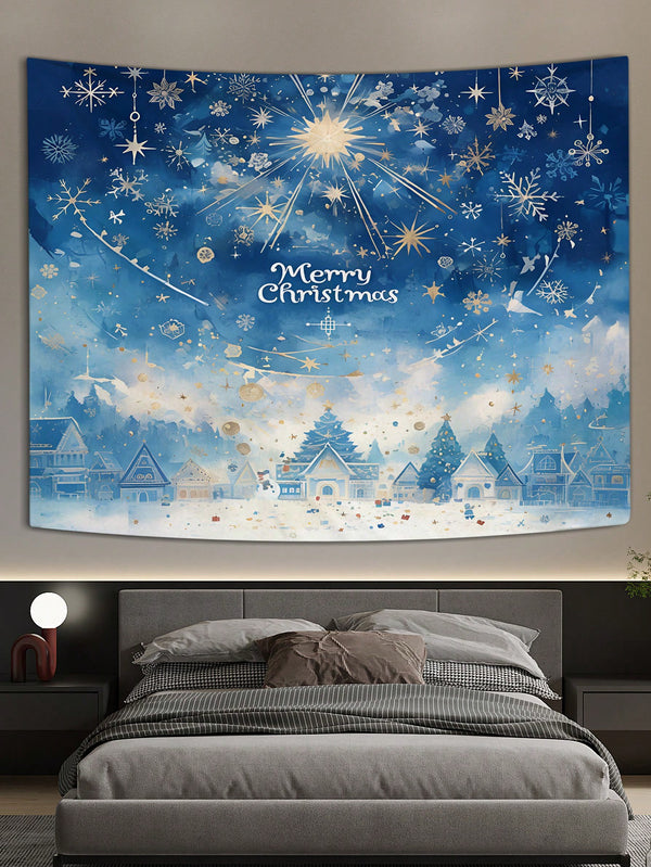 1pc Christmas Happy Sky Blue House Pattern, Christmas Theme Style Hanging Tapestry Polyester Material Rectangular Party Decor Suitable For Christmas Celebration Scenes, Winter Special