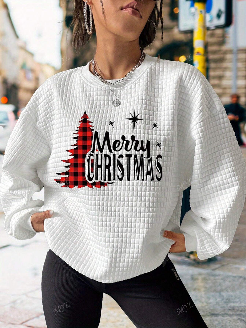 EZwear, Christmas Merry Christmas Christmas Tree, Printed Casual Sports Waffle Sweatshirt, Autumn And Winter