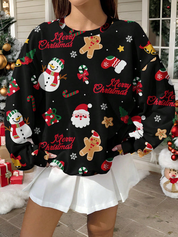 EZwear Plus Size Women Christmas Snowman & Gingerbread Man Print Sweatshirt, Fall/Winter Clothes