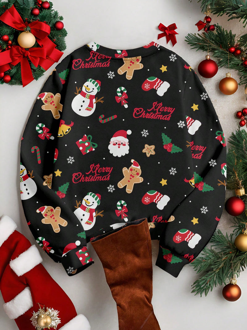 EZwear Plus Size Women Christmas Snowman & Gingerbread Man Print Sweatshirt, Fall/Winter Clothes