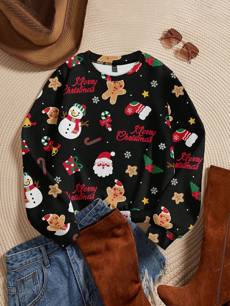 EZwear Plus Size Women Christmas Snowman & Gingerbread Man Print Sweatshirt, Fall/Winter Clothes