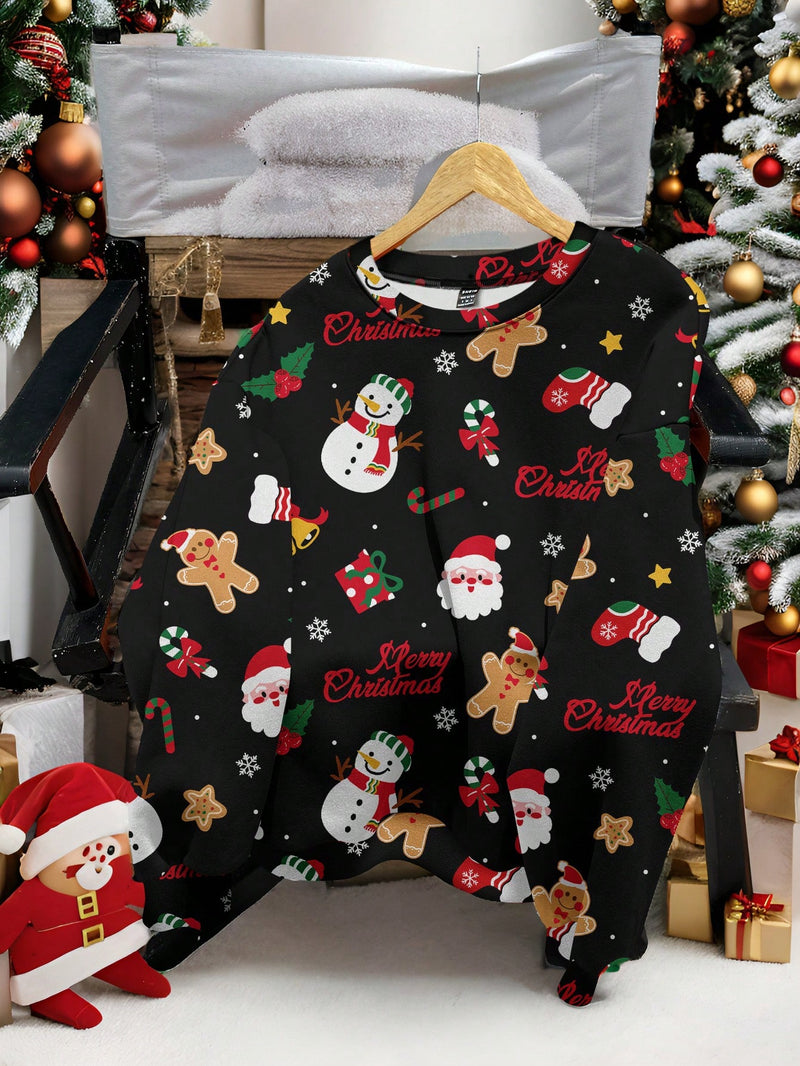 EZwear Plus Size Women Christmas Snowman & Gingerbread Man Print Sweatshirt, Fall/Winter Clothes