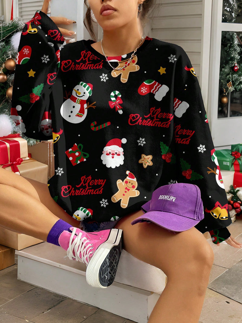 EZwear Plus Size Women Christmas Snowman & Gingerbread Man Print Sweatshirt, Fall/Winter Clothes