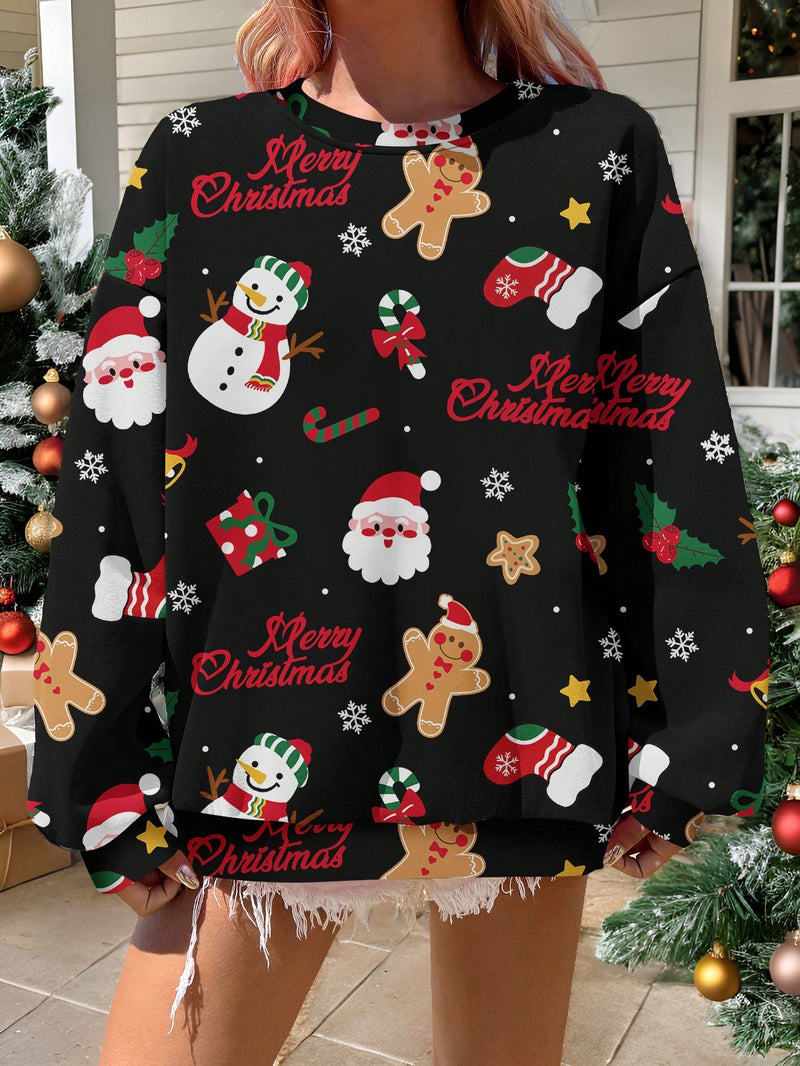 EZwear Plus Size Women Christmas Snowman & Gingerbread Man Print Sweatshirt, Fall/Winter Clothes